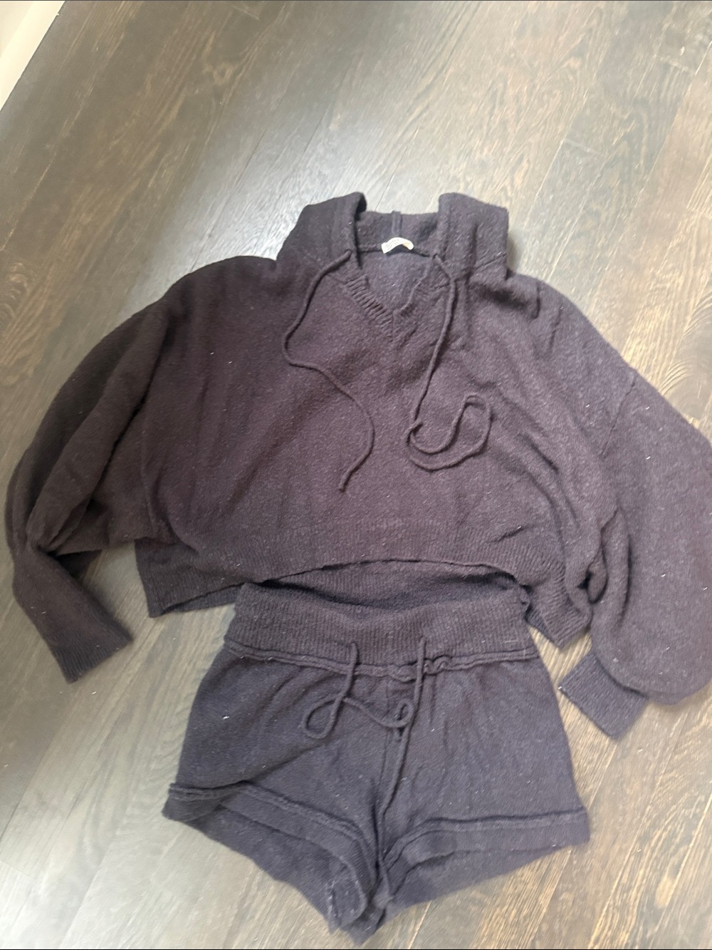 Free People Black Cropped Hooded Sweater & Shorts Set